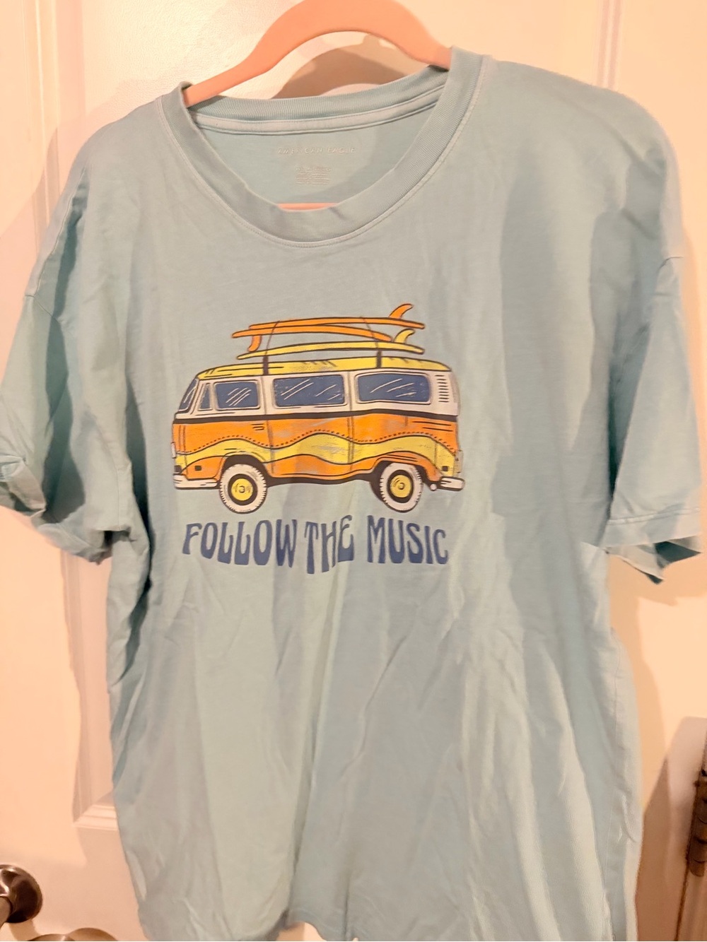 American Eagle Outfitters Light Blue Graphic Tee with Yellow-Orange Van